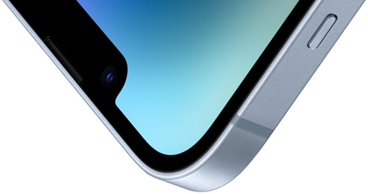 Canto superior esquerdo do iPhone 14 com a parte da frente em Ceramic Shield.