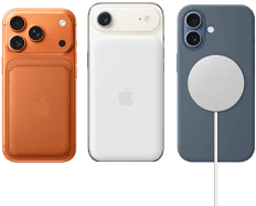 Vista traseira do iPhone 17 Pro laranja cósmico, com Capa em silicone na cor Sienna e Carteira em tecido FineWoven com MagSafe em laranja‑raposa; vista traseira do iPhone Air branco‑nuvem, com Bateria MagSafe; vista traseira do iPhone 17 azul‑névoa, com Capa em silicone em azul‑âncora e Carregador MagSafe