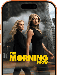 Vista frontal do ecrã do iPhone 17 Pro, a mostrar uma imagem da série The Morning Show da Apple TV+