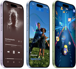 Vista frontal e lateral de dispositivos iPhone 17, a mostrar a Apple Music, reprodução de vídeo, jogos, e os botões Ação e de volume