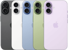 Vista traseira do iPhone 17, com sistema de câmara dupla Fusion, as cinco cores sobrepostas: preto, branco, verde sálvia, azul‑névoa e lavanda
