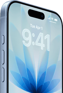 Vista frontal do iPhone 17, na cor azul‑névoa, Dynamic Island ao centro, botões Ação e de volume