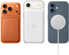 Vista traseira do iPhone 17 Pro laranja cósmico, com Capa em silicone na cor Sienna e Carteira em tecido FineWoven com MagSafe em laranja‑raposa; vista traseira do iPhone Air branco‑nuvem, com Bateria MagSafe; vista traseira do iPhone 17 azul‑névoa, com Capa em silicone em azul‑âncora e Carregador MagSafe