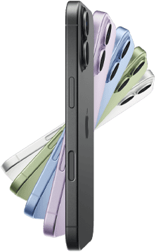 Vista do iPhone 17, as cinco cores: preto, lavanda, azul‑névoa, verde sálvia e branco.