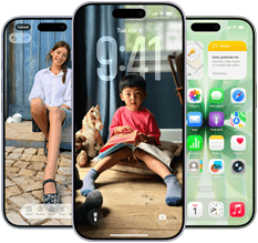 Vista frontal do iPhone 17, Dynamic Island centrada em cima, três cores: azul‑névoa, lavanda, verde sálvia