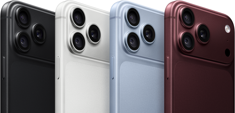 Vista traseira de dispositivos iPhone 18 Pro alinhados, nas quatro cores: bordô, glaciar, prateado e preto, com sistema de câmaras Pro Fusion no canto superior esquerdo, 3 lentes, microfone e flash