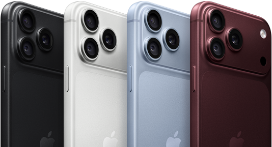 Vista traseira de dispositivos iPhone 18 Pro alinhados, nas quatro cores: bordô, glaciar, prateado e preto, com sistema de câmaras Pro Fusion no canto superior esquerdo, 3 lentes, microfone e flash