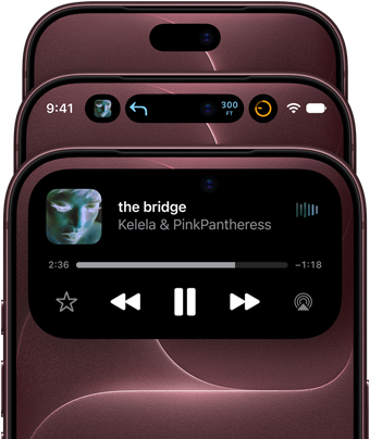 Três modelos iPhone 18 Pro bordô, dispostos em leque, para mostrar a Dynamic Island em diferentes modos: desativada, minimizada e maximizada