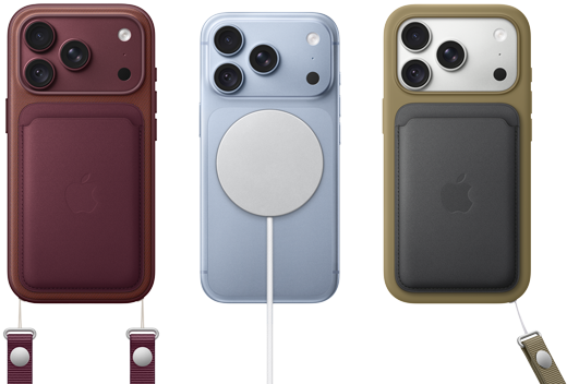 Vista traseira do iPhone 18 Pro na cor bordô, com Carteira em tecido FineWoven com MagSafe na cor bordô; vista traseira do iPhone 18 Pro na cor glaciar, com Bateria MagSafe; vista traseira do iPhone 18 Pro na cor prateado, com Capa em silicone na cor verde e Carregador MagSafe