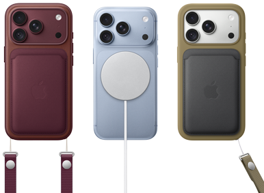 Vista traseira do iPhone 18 Pro na cor bordô, com Carteira em tecido FineWoven com MagSafe na cor bordô; vista traseira do iPhone 18 Pro na cor glaciar, com Bateria MagSafe; vista traseira do iPhone 18 Pro na cor prateado, com Capa em silicone na cor verde e Carregador MagSafe