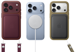 Vista traseira do iPhone 18 Pro na cor bordô, com Carteira em tecido FineWoven com MagSafe na cor bordô; vista traseira do iPhone 18 Pro na cor glaciar, com Bateria MagSafe; vista traseira do iPhone 18 Pro na cor prateado, com Capa em silicone na cor verde e Carregador MagSafe