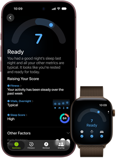 Vista frontal do iPhone 18 Pro, na cor preto, a mostrar os resultados do estado de Preparação (classificação de 7), emparelhado com o Apple Watch, na cor castanho, voltado para a frente, a mostrar a mesma classificação de Preparação de 7