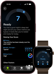 Vista frontal do iPhone 18 Pro, na cor preto, a mostrar os resultados do estado de Preparação (classificação de 7), emparelhado com o Apple Watch, na cor castanho, voltado para a frente, a mostrar a mesma classificação de Preparação de 7