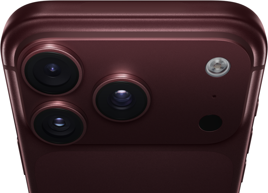 Vista traseira do iPhone 18 Pro Max na cor bordô (vermelho-escuro), com sistema de câmaras Pro Fusion no topo, 3 lentes, aberturas variáveis parcialmente fechadas, flash, microfone e sensor LiDAR, vista superior da antena de rede móvel, moldura plana com cantos arredondados