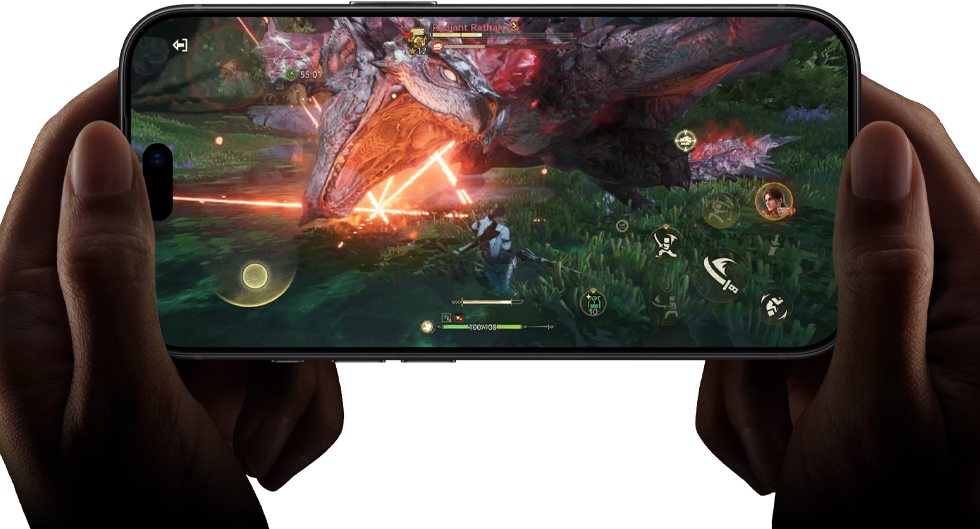 Vista frontal do iPhone 18 Pro, a mostrar as capacidades de desempenho do processador A20 Pro com uma cena do jogo Monster Hunter Outlanders