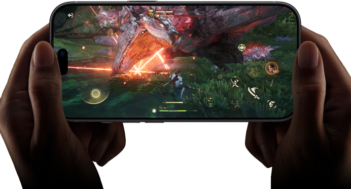 Vista frontal do iPhone 18 Pro, a mostrar as capacidades de desempenho do processador A20 Pro com uma cena do jogo Monster Hunter Outlanders