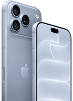 Vista traseira do iPhone, na cor glaciar (azul‑claro), a mostrar o Ceramic Shield e o sistema de câmara tripla