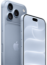 Vista traseira do iPhone, na cor glaciar (azul‑claro), a mostrar o Ceramic Shield e o sistema de câmara tripla