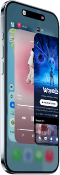 Vista frontal e lateral do iPhone Air, com perfil fino, Dynamic Island centrada em cima, funcionalidade Seletor de aplicações em utilização e os seguintes botões: Ação e volume