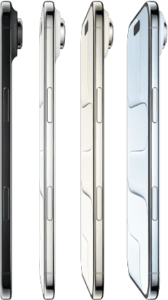 Vista lateral do iPhone Air, nas quatro cores: azul‑céu, dourado‑claro, branco‑nuvem e preto sideral, com perfil ultrafino, sistema de câmara Fusion e os seguintes botões: lateral e Controlo da câmara
