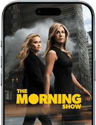 Vista frontal do ecrã do iPhone Air, a mostrar uma imagem da série The Morning Show da Apple TV+.