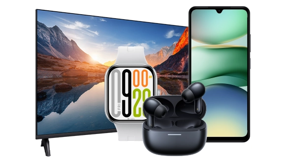Conjunto de equipamentos Xiaomi composto por uma tv, um smartwatche, buds e um telemóvel